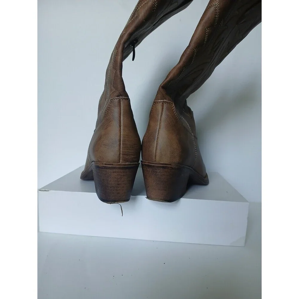 Global Win Western Cowboy Boots Brown Embroidered Mid Calf Women's Size 5.5